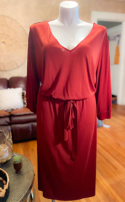 Rust/Burnt Orange V-neck Belted Dress