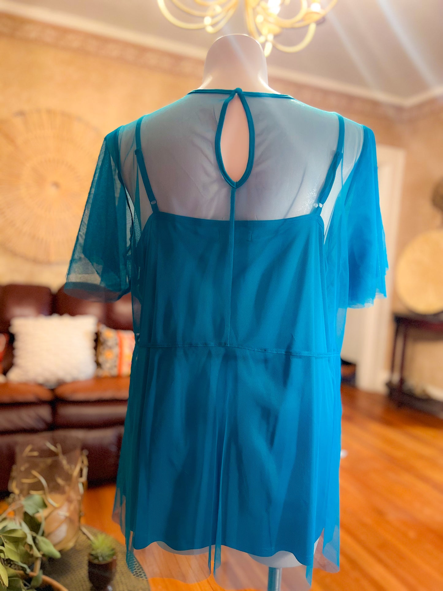 Teal Mesh Ruffle Layered top
