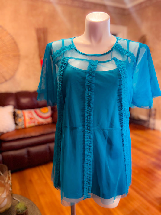 Teal Mesh Ruffle Layered top