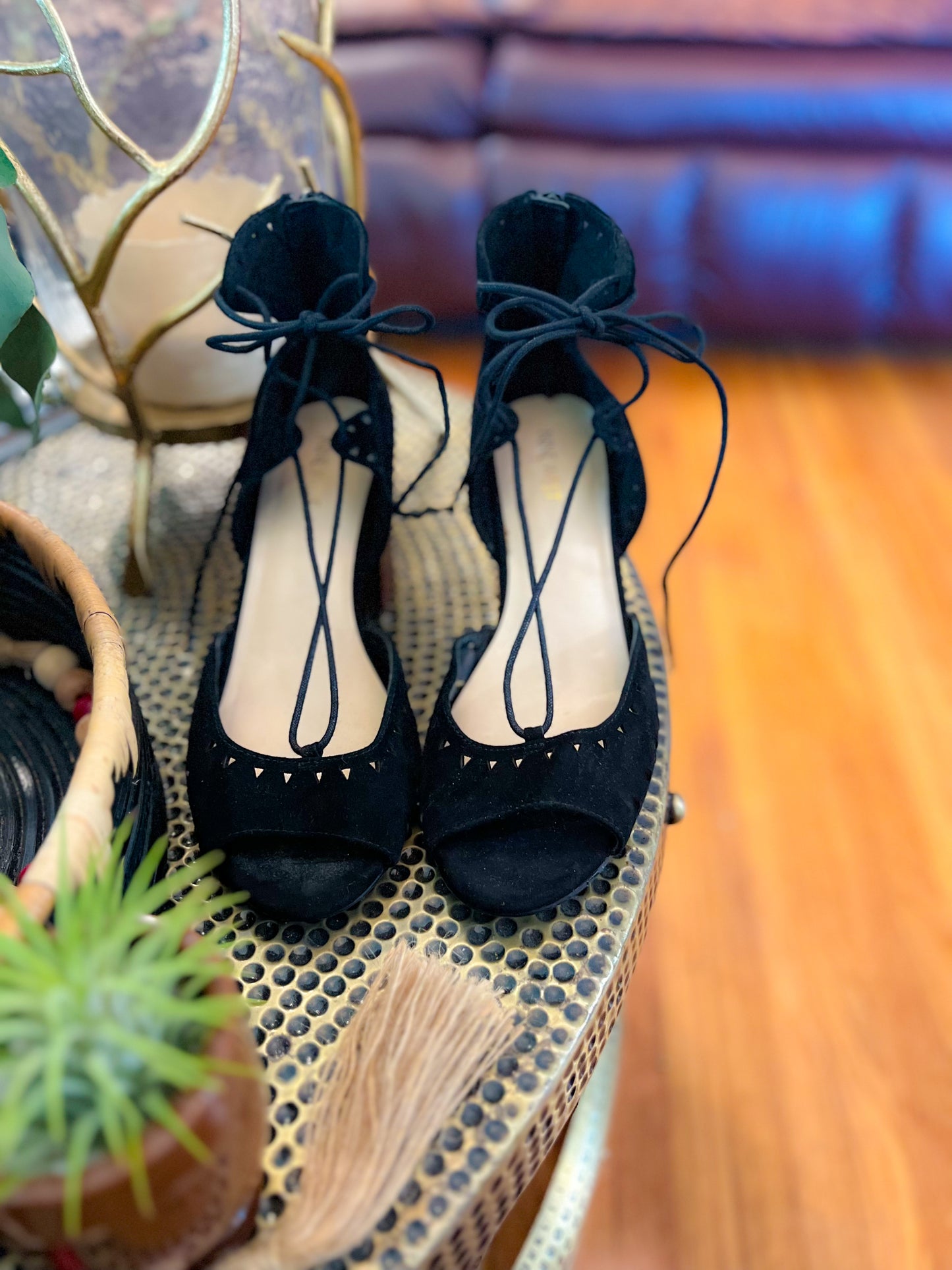 Jinxed Black Suede Ankle Strap Heels