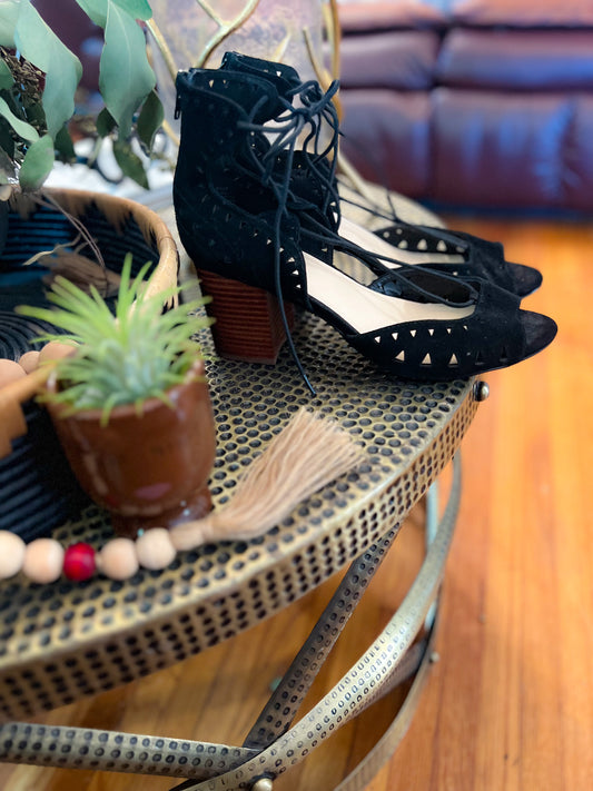 Jinxed Black Suede Ankle Strap Heels