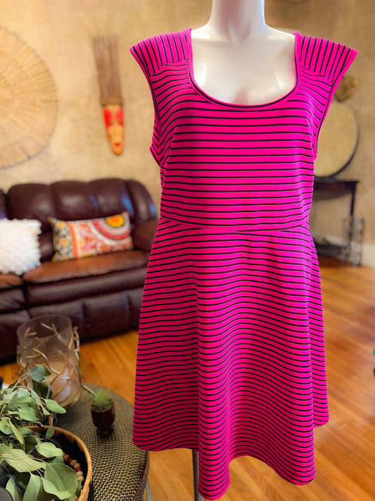 Hot Pink & Black Striped Criss-Cross Back Skater Dress